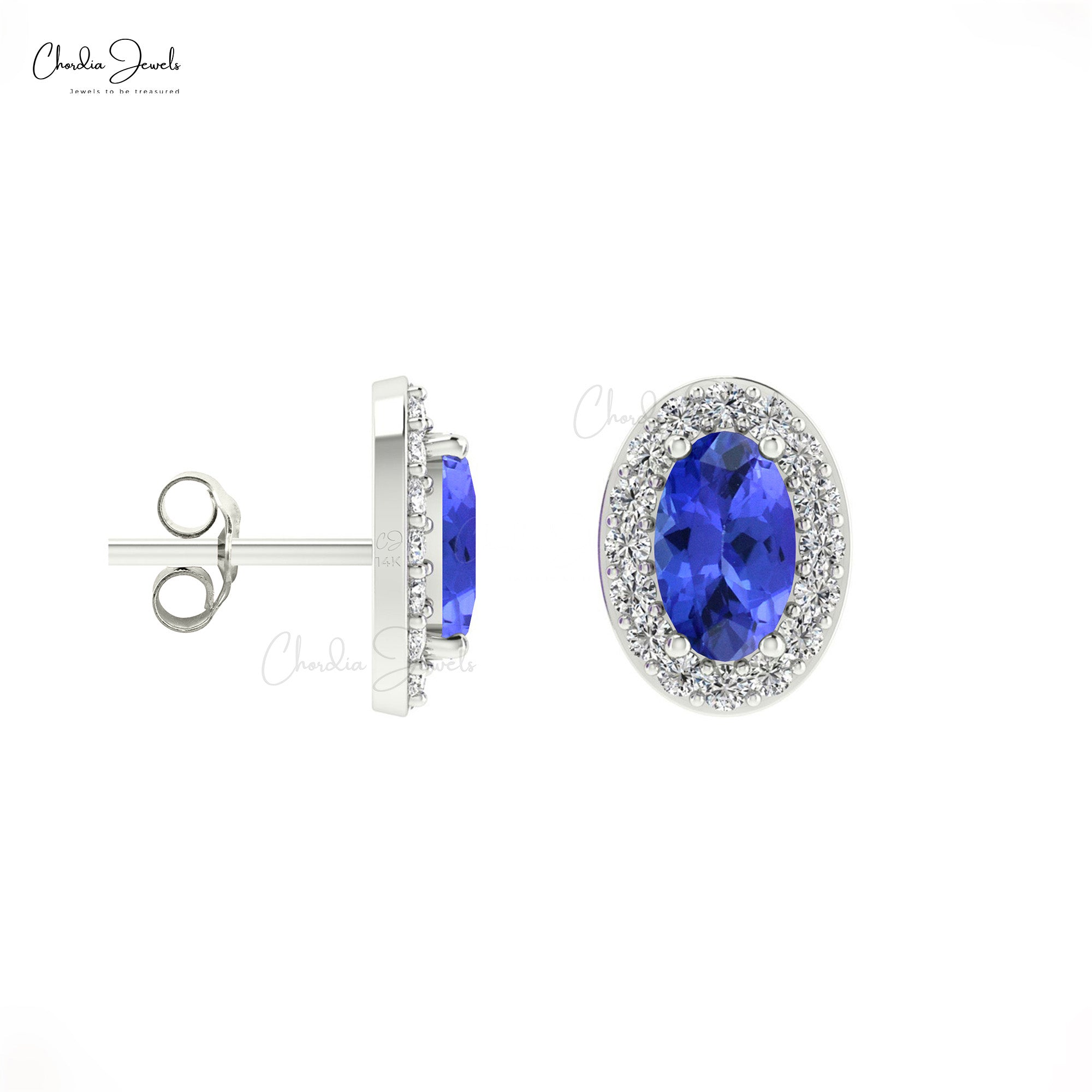 Oval-Cut 0.48ct Tanzanite Earrings with Diamond Halo in 14k Solid Gold Bridesmaid Gift