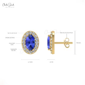 Oval-Cut 0.48ct Tanzanite Earrings with Diamond Halo in 14k Solid Gold Bridesmaid Gift