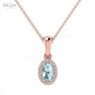 Genuine 14K Gold Oval Aquamarine & Diamond Halo Pendant