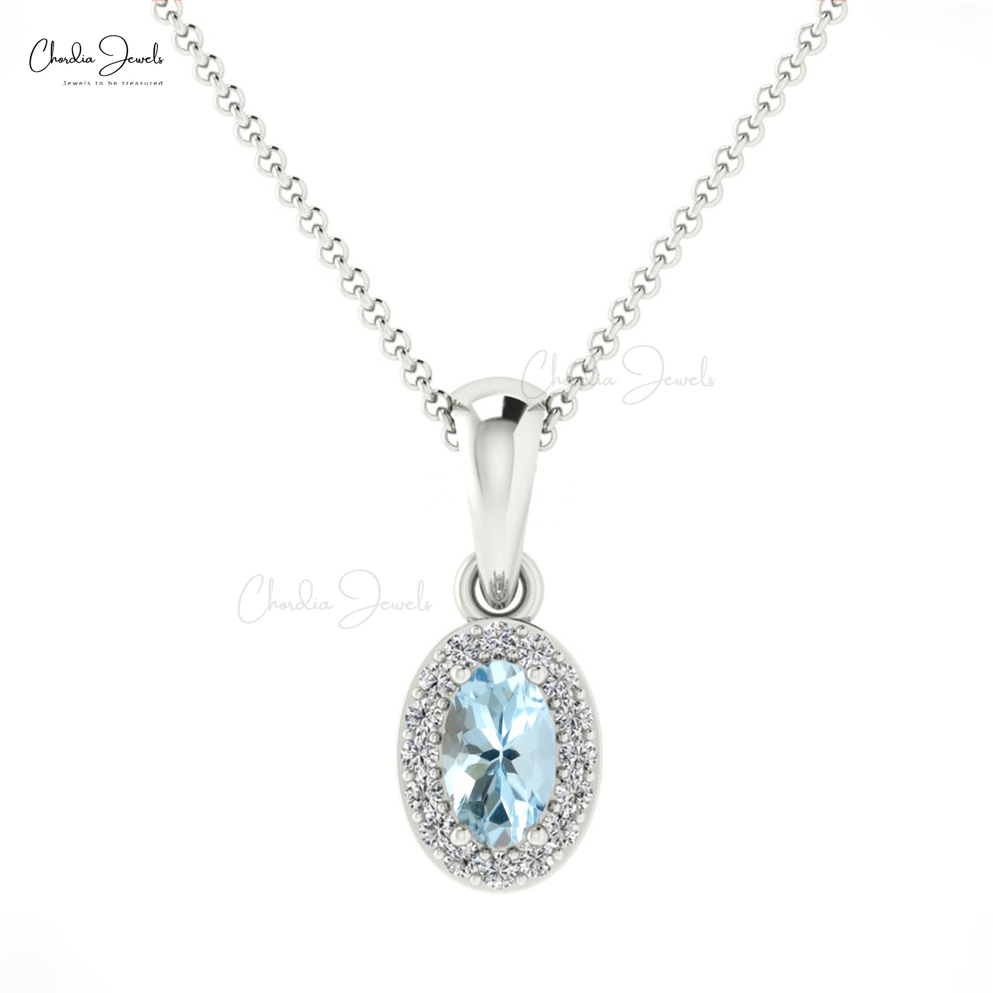 Genuine 14K Gold Oval Aquamarine & Diamond Halo Pendant