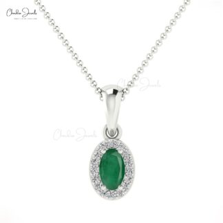 Genuine Emerald Halo Pendant With Diamond Accents 14k Solid Gold Birthstone Pendant For Her