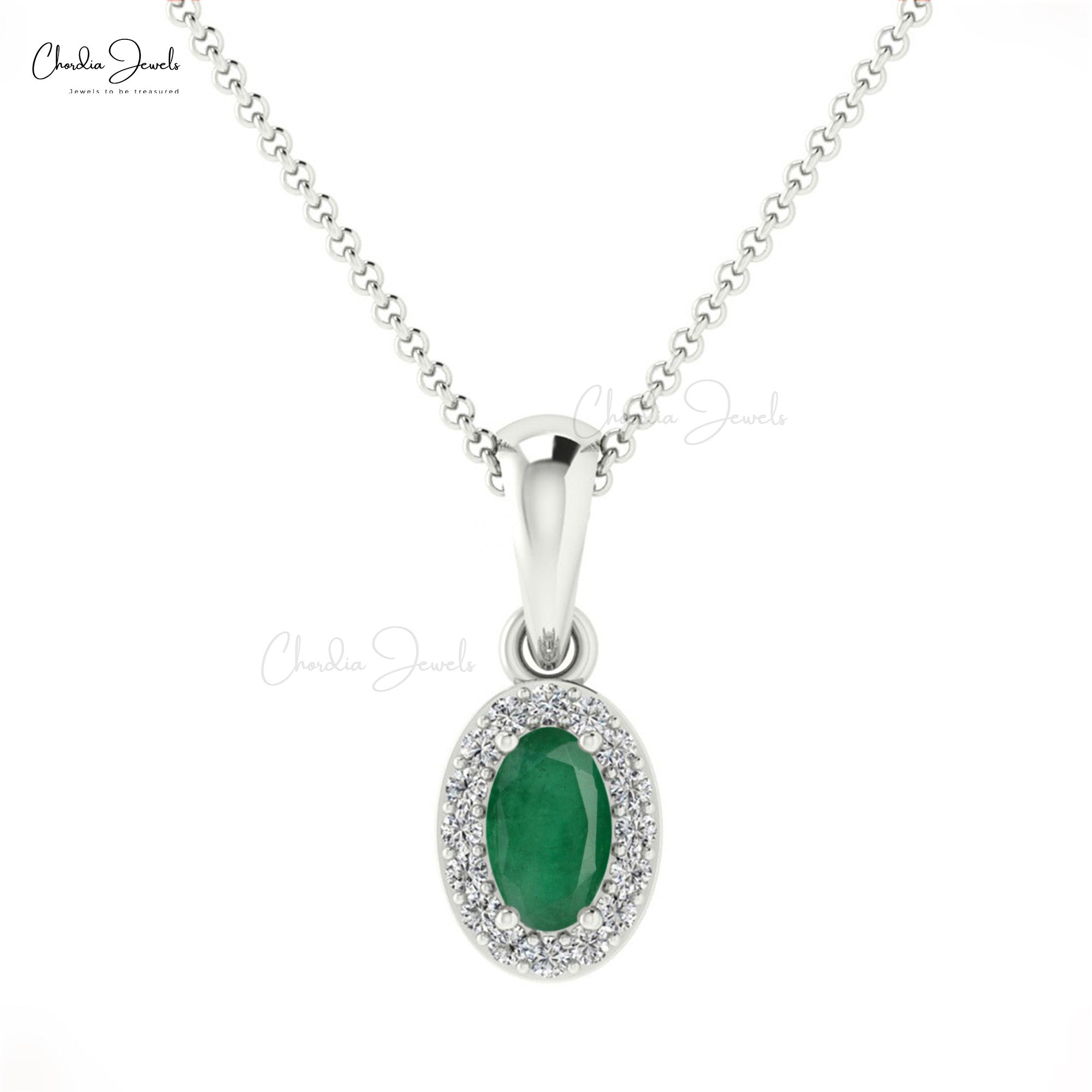 Genuine Emerald Halo Pendant With Diamond Accents 14k Solid Gold Birthstone Pendant For Her