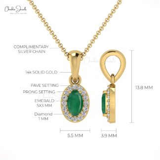 Genuine Emerald Halo Pendant With Diamond Accents 14k Solid Gold Birthstone Pendant For Her