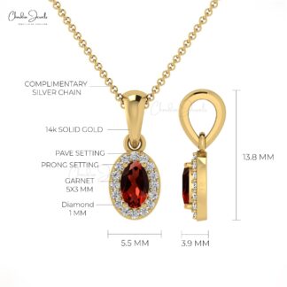 Halo Gemstone Pendant in 14k Real Gold Red Garnet ANd Diamond Hallmark Pendant
