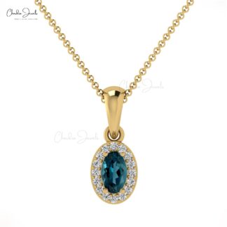 Halo Minimal Charm With 5x3mm London Blue Topaz Diamond Pendant In 14k Solid Gold
