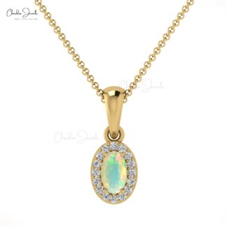 Precious Opal Gemstone 14K Gold Round Diamond Halo Pendant