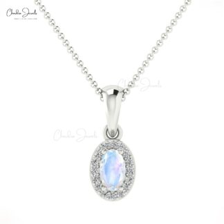 Oval Cut Dangle Pendant in 14k Real Gold Moonstone And Diamond Halo Necklace