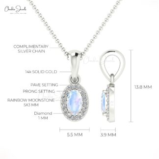 Oval Cut Dangle Pendant in 14k Real Gold Moonstone And Diamond Halo Necklace