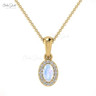 Oval Cut Dangle Pendant in 14k Real Gold Moonstone And Diamond Halo Necklace