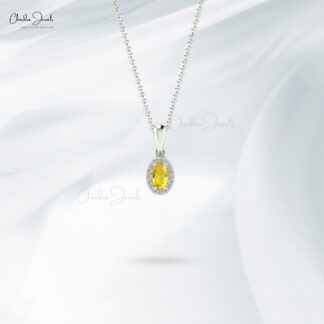 Oval Yellow Sapphire Halo Pendant With Pave Diamond 14k Solid Gold Women Necklace