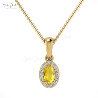 Oval Yellow Sapphire Halo Pendant With Pave Diamond 14k Solid Gold Women Necklace