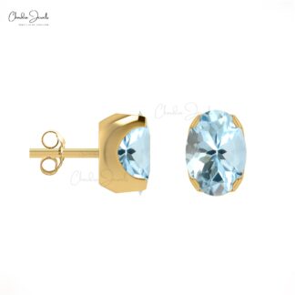 Natural Aquamarine 6x4mm Prong Set Stud Earring