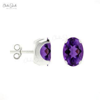 Natural AAA Amethyst 6x4mm Oval Cut Solitaire Studs, 0.88 Ct February Birthstone Stud Earrings , 14k Solid Gold 4-Prong Set Gemstone Fine Jewelry For Anniversary Gift