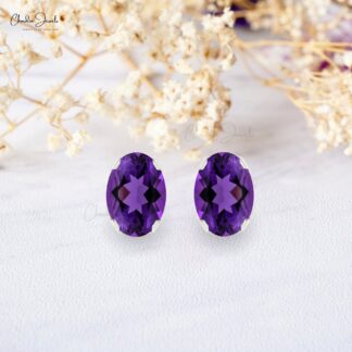 Natural AAA Amethyst 6x4mm Oval Cut Solitaire Studs, 0.88 Ct February Birthstone Stud Earrings , 14k Solid Gold 4-Prong Set Gemstone Fine Jewelry For Anniversary Gift