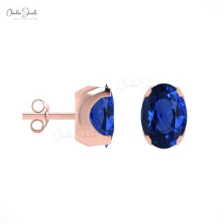 Genuine Blue Sapphire Studs For Her 14k Solid Gold Push Back Earrings 6x4mm Oval Cut Fine Jewelry For Birthday Gift