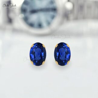 Genuine Blue Sapphire Studs For Her 14k Solid Gold Push Back Earrings 6x4mm Oval Cut Fine Jewelry For Birthday Gift