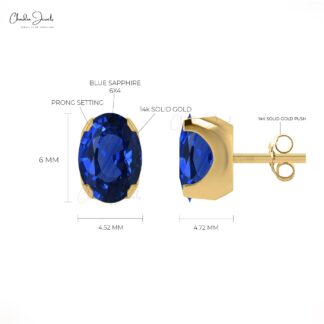 Genuine Blue Sapphire Studs For Her 14k Solid Gold Push Back Earrings 6x4mm Oval Cut Fine Jewelry For Birthday Gift