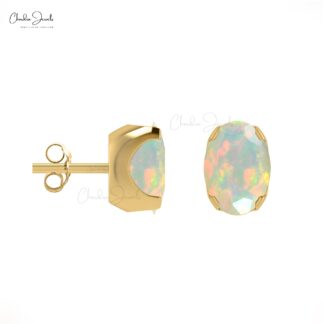 Natural Opal Solitaire Stud Earrings 14k Real Gold Dainty Studs 6x4mm Oval Gemstone Earrings Minimalist Jewelry For Her