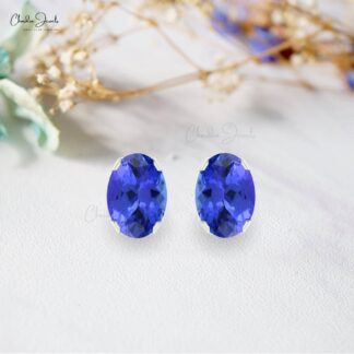 Natural Tanzanite Gemstone Solitaire Studs 14k Gold December Birthstone Earrings For Women