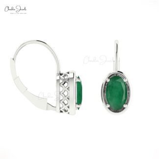 Genuine Emerald Leverback Earrings In 14k Solid Gold For Women