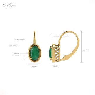 Genuine Emerald Leverback Earrings In 14k Solid Gold For Women
