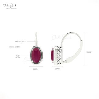 Prong Set 7x5mm Burma Ruby Lever Back Hoop Earrings in 14k Solid Gold Fine Jewelry