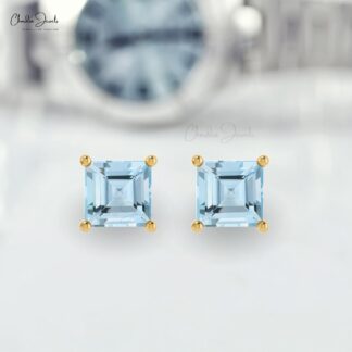 Natural 4mm Aquamarine Gemstone Square Studs 14k Solid Gold Solitaire Earrings For Women