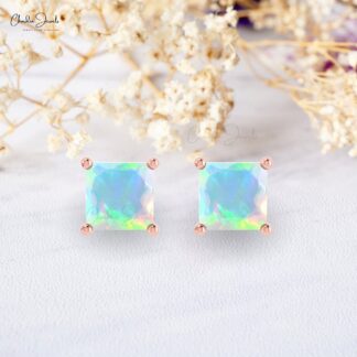 Natural Opal Solitaire Square Studs in 14k Solid Gold Handcrafted Dainty Earrings For Gift