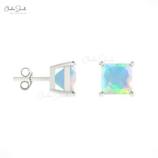 Natural Opal Solitaire Square Studs in 14k Solid Gold Handcrafted Dainty Earrings For Gift