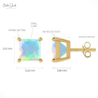 Natural Opal Solitaire Square Studs in 14k Solid Gold Handcrafted Dainty Earrings For Gift