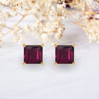 Natural 0.7ct Rhodolite Garnet Mini Studs 14k Real Gold January Birthstone Earrings For Love