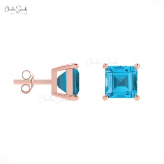 Natural Swiss Blue Topaz Stud Earrings in 14k Solid Gold Dainty Square Gemstone Studs
