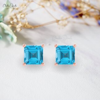 Natural Swiss Blue Topaz Stud Earrings in 14k Solid Gold Dainty Square Gemstone Studs