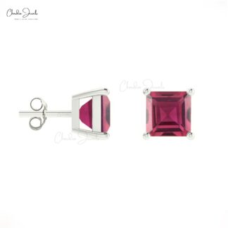 Natural Pink Tourmaline Studs Earring, 4mm Square Handmade Pink Tourmaline Studs, 14k Solid Gold Gemstone Stud Earrings Gift For Her