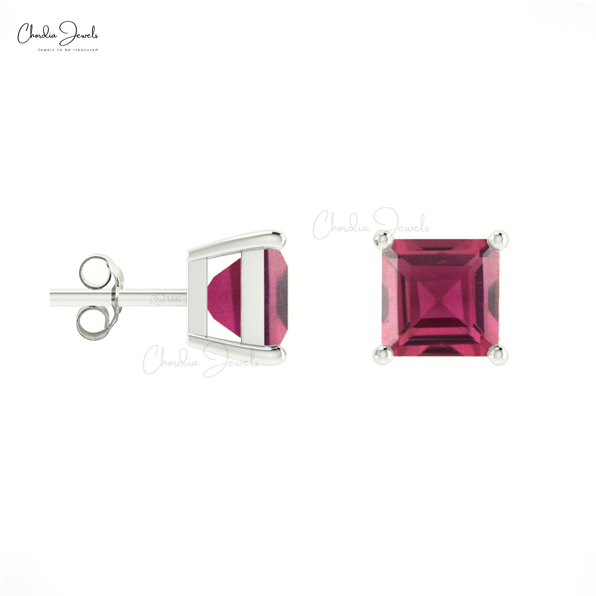 Natural Pink Tourmaline Studs Earring, 4mm Square Handmade Pink Tourmaline Studs, 14k Solid Gold Gemstone Stud Earrings Gift For Her
