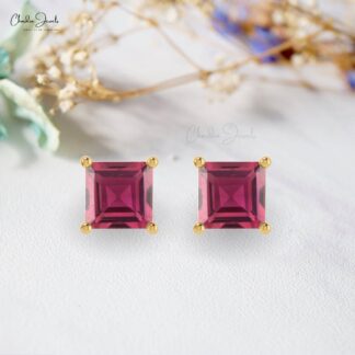 Natural Pink Tourmaline Studs Earring, 4mm Square Handmade Pink Tourmaline Studs, 14k Solid Gold Gemstone Stud Earrings Gift For Her