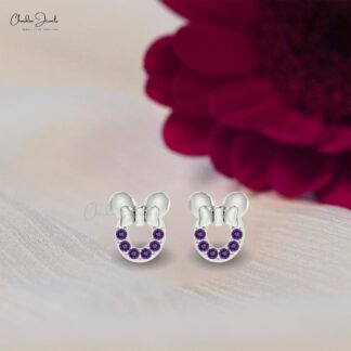 Genuine AAA Amethyst 0.72 Ct Pave Set Mickey Mouse Earrings, 2mm Round Brilliant Cut February Birthstone Gemstone Earrings, 14k Real Gold Hallmarked Jewelry For Her