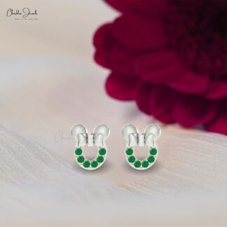 Mickey Mouse Stud Earrings With Emerald Gemstone In 14k Solid Gold