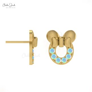 Natural 2mm Opal Gemstone Earrings in 14k Solid Gold October Birthstone Mickey Mouse Studs