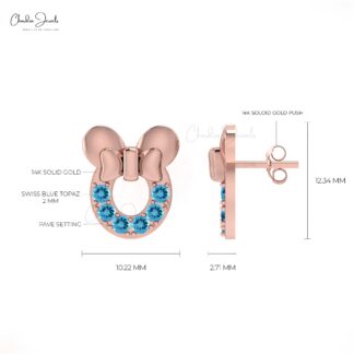 Natural Swiss Blue Topaz 2mm Round Brilliant Cut Mickey Mouse Stud Earrings 14k Solid Gold Pave Set December Birthstone Studs Fine Jewelry For Birthday Gift