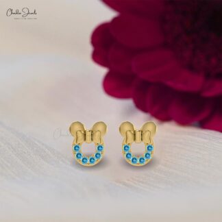 Natural Swiss Blue Topaz 2mm Round Brilliant Cut Mickey Mouse Stud Earrings 14k Solid Gold Pave Set December Birthstone Studs Fine Jewelry For Birthday Gift