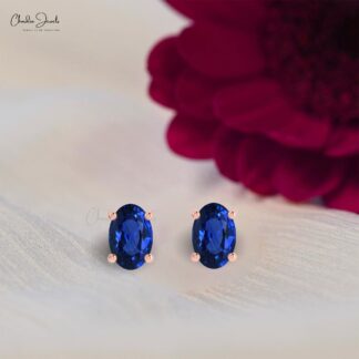 Genuine Blue Sapphire Solitaire Stud Earrings In 14k Solid Gold Minimalist Jewelry