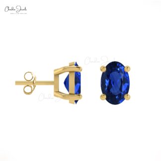 Genuine Blue Sapphire Solitaire Stud Earrings In 14k Solid Gold Minimalist Jewelry