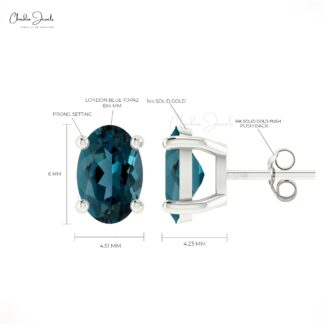 Oval Cut Solitaire Studs In 14k Solid Gold London Blue Topaz Push Back Earrings For Her