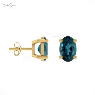 Oval Cut Solitaire Studs In 14k Solid Gold London Blue Topaz Push Back Earrings For Her