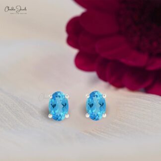 Genuine Swiss Blue Topaz Solitaire Earrings 14k Real Gold December Birthstone Studs