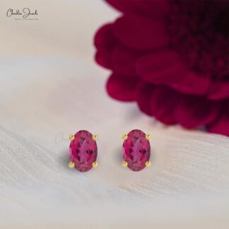 Natural Pink Tourmaline Earrings Oval Cut Gemstone Solitaire Stud Earrings In 14k Solid Gold Studs Earrings For Her