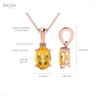 Oval Gemstone Charm With 0.42 Ct Citrine Prong Set in 14k Solid Gold Dangle Pendant