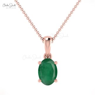 Oval Dangle Charm With 6x4mm Zambian Emerald Prong Set In 14k Solid Gold Pendant