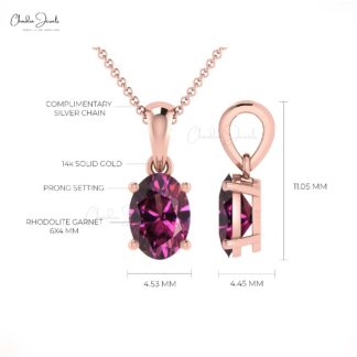 Natural Rhodolite Garnet 6x4mm Gemstone Prong Set in 14k Real Gold Solitaire Pendant